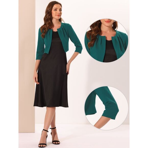 3/4 Sleeve Shrug Top Collarless Pleated Open Front Cropped Cardigan Dark Green - Picture 2 of 6